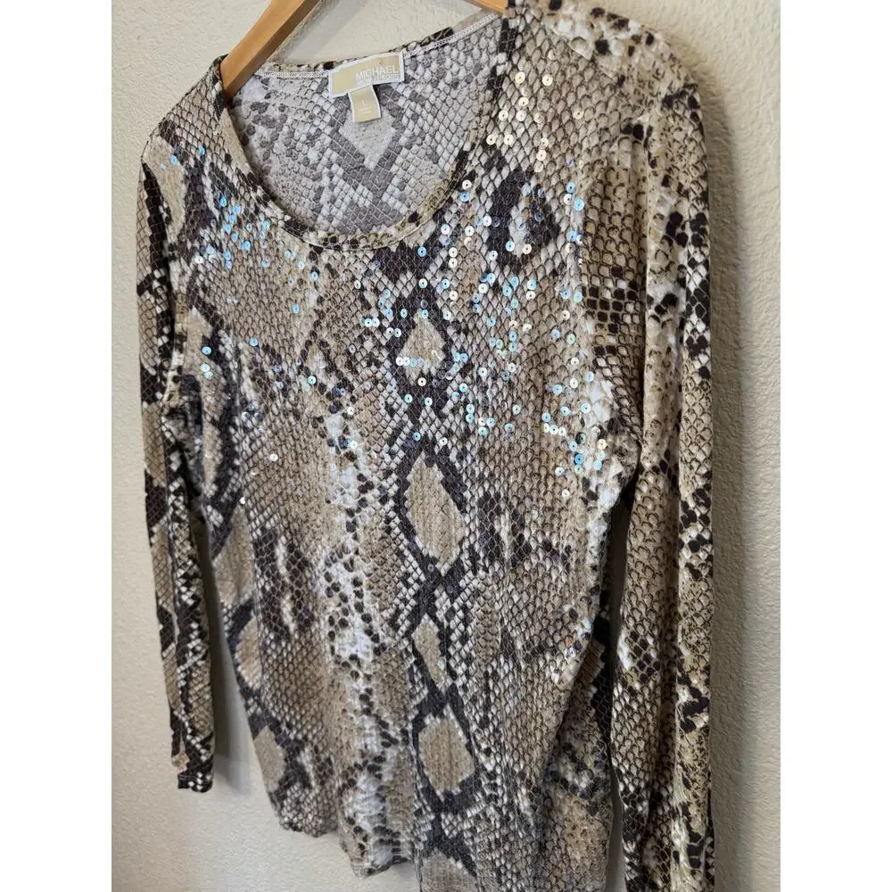 Michael Kors Sneak Print Sequin Jet Set Y2K Long Sleeve Tee Large Brown Glam
